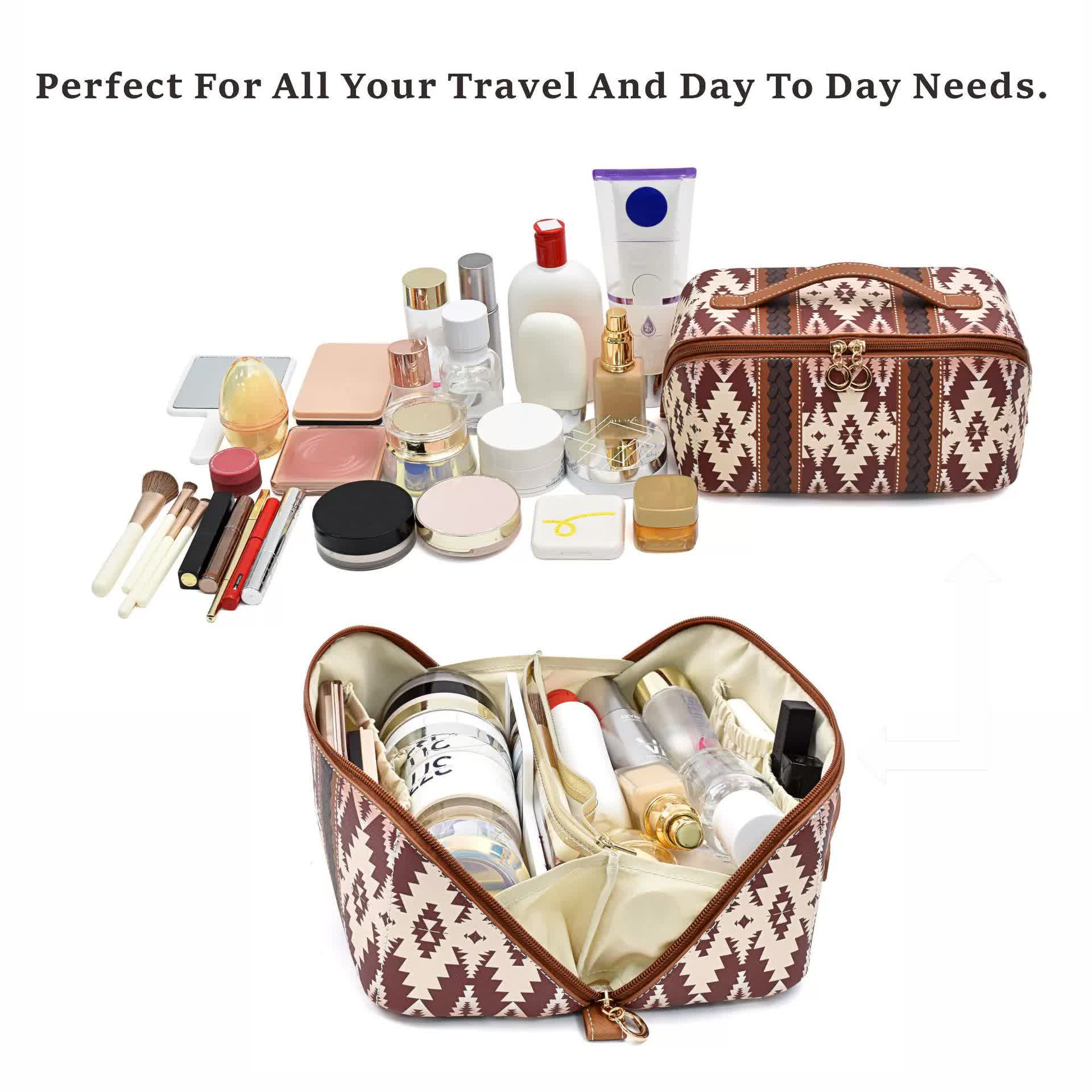 NNEDSZ Black Horizontal Pattern Boho Travel Cosmetic Bag - Large Waterproof Makeup Organizer with Handle-2