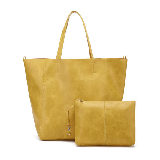 NNEDSZ Yellow Classic Large PU Leather Tote Bag with Inner Pouch - Elegant and Functional-0