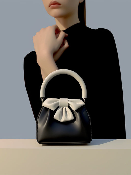 NNEDSZ Black and white Elegant Women's Two-Tone Bowknot Bucket Handbag - Stylish and Lightweight-0