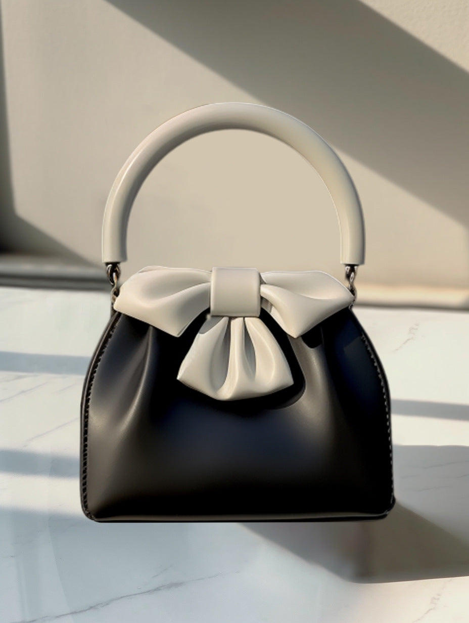 NNEDSZ Black and white Elegant Women's Two-Tone Bowknot Bucket Handbag - Stylish and Lightweight-1