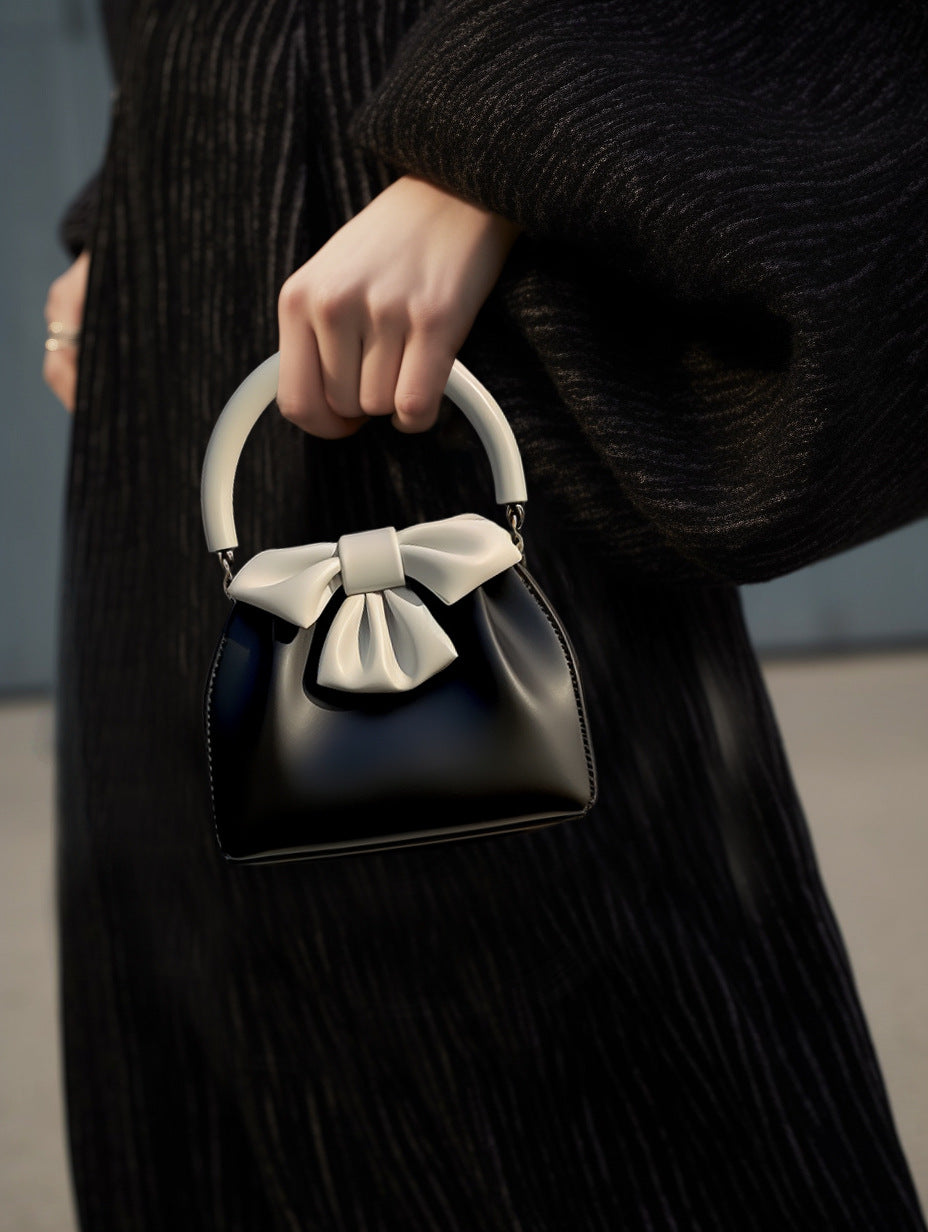 NNEDSZ Black and white Elegant Women's Two-Tone Bowknot Bucket Handbag - Stylish and Lightweight-2