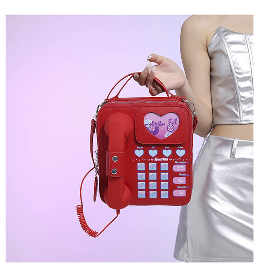 NNEDSZ Red Sweet Girl Creative Crossbody Bag with Telephone Design, PU Material, Lightweight and Unique-0