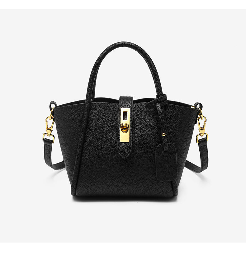 NNEDSZ Black Genuine Leather Women's Handbag - Stylish Bucket Bag with Top Handle and Crossbody Strap-0