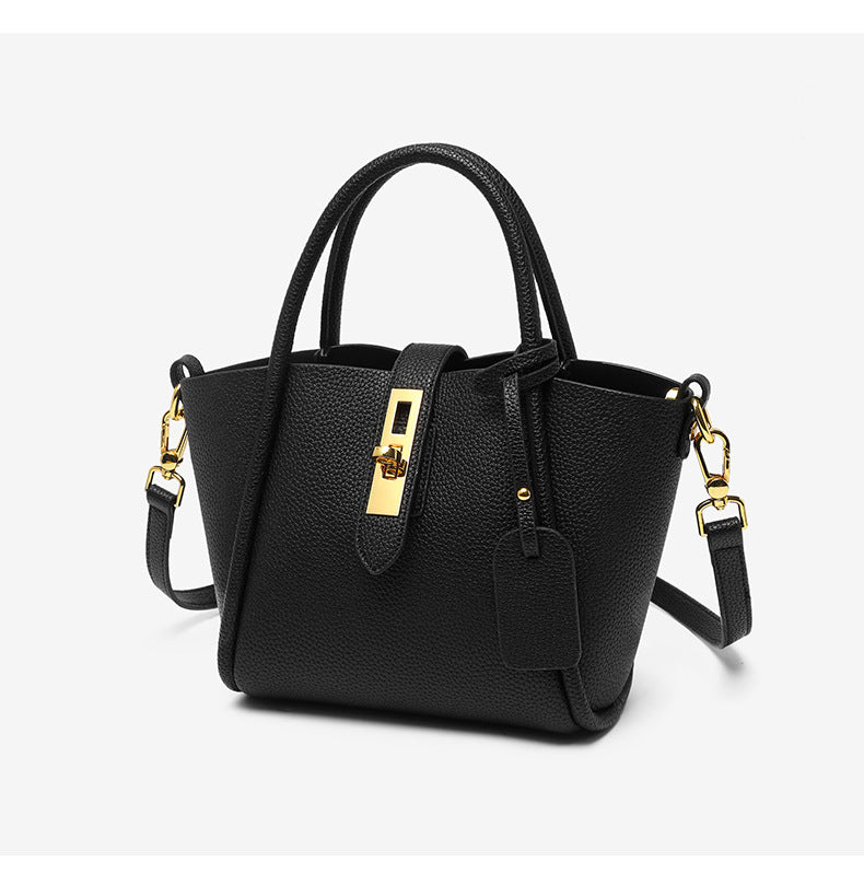 NNEDSZ Black Genuine Leather Women's Handbag - Stylish Bucket Bag with Top Handle and Crossbody Strap-1