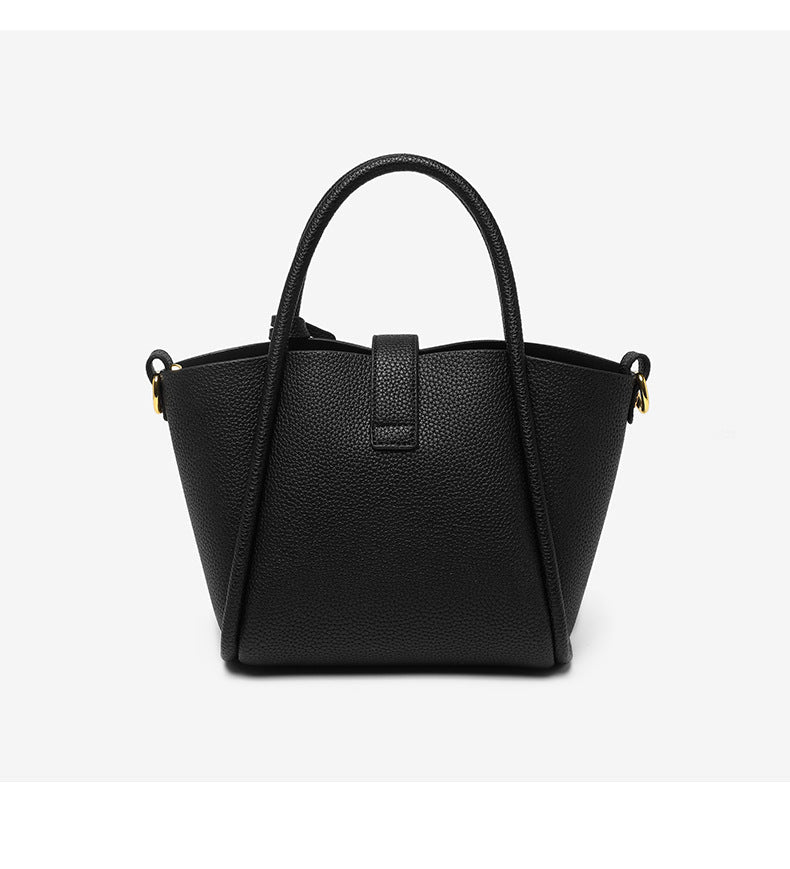 NNEDSZ Black Genuine Leather Women's Handbag - Stylish Bucket Bag with Top Handle and Crossbody Strap-2