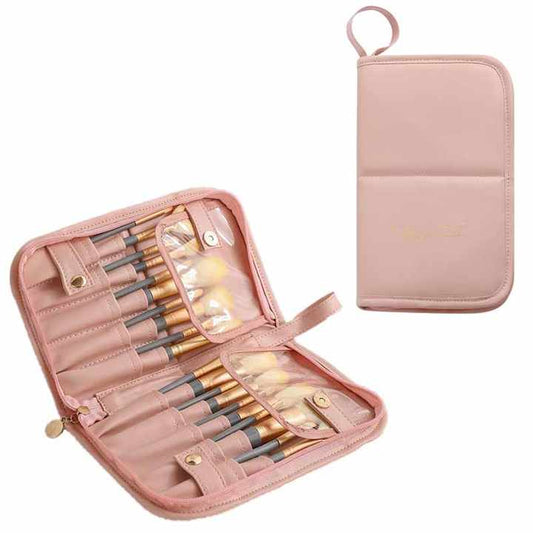 NNEDSZ Pink Portable Shell Makeup Brush Storage Bag - Multi-Functional PU Cosmetic Organizer with Button Closure, Convertible to Stand Design(Make-up brushes are filming props, not included)-0