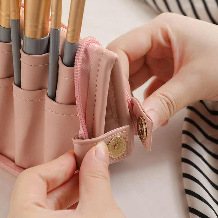 NNEDSZ Pink Portable Shell Makeup Brush Storage Bag - Multi-Functional PU Cosmetic Organizer with Button Closure, Convertible to Stand Design(Make-up brushes are filming props, not included)-1