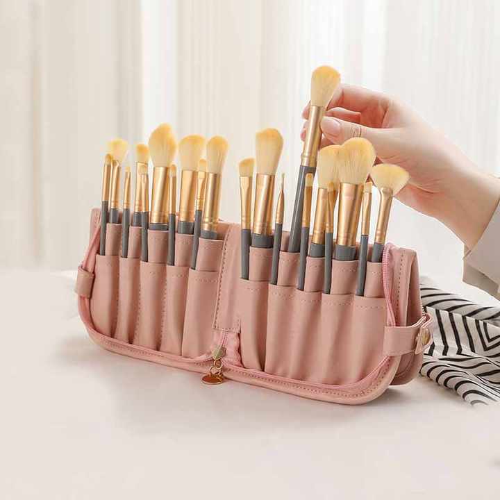 NNEDSZ Pink Portable Shell Makeup Brush Storage Bag - Multi-Functional PU Cosmetic Organizer with Button Closure, Convertible to Stand Design(Make-up brushes are filming props, not included)-2