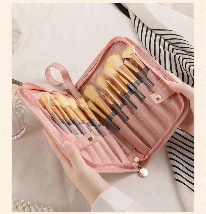 NNEDSZ Pink Portable Shell Makeup Brush Storage Bag - Multi-Functional PU Cosmetic Organizer with Button Closure, Convertible to Stand Design(Make-up brushes are filming props, not included)-3
