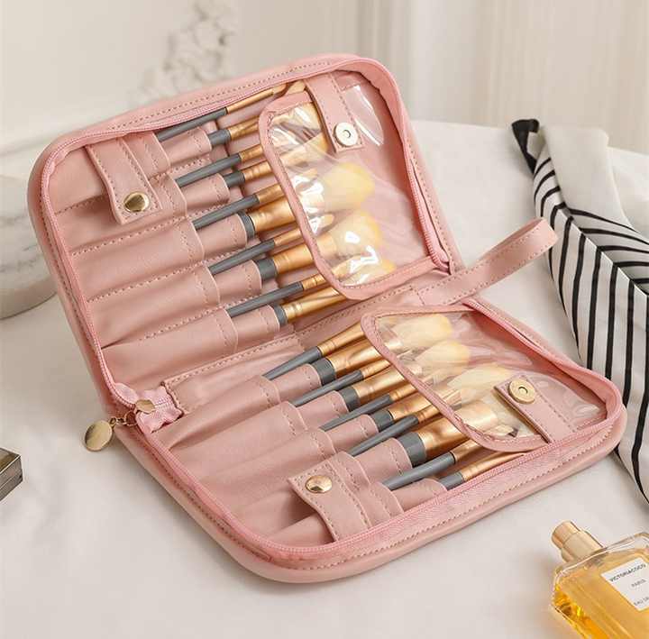 NNEDSZ Pink Portable Shell Makeup Brush Storage Bag - Multi-Functional PU Cosmetic Organizer with Button Closure, Convertible to Stand Design(Make-up brushes are filming props, not included)-4