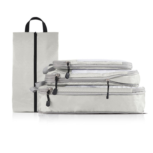 NNEDSZ 4-piece Set Off White Compression Travel Storage Bags Set, Mesh Travel Organizers for Luggage, Foldable and Space-Saving Packing Cubes-0