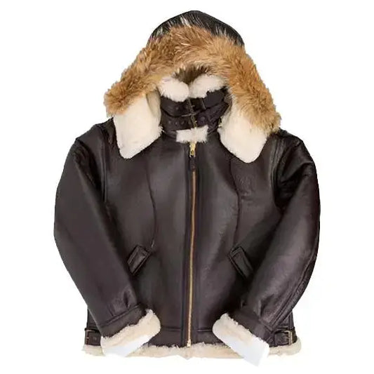 Men's B-3 Hooded Sheepskin Leather Bomber Jacket-0