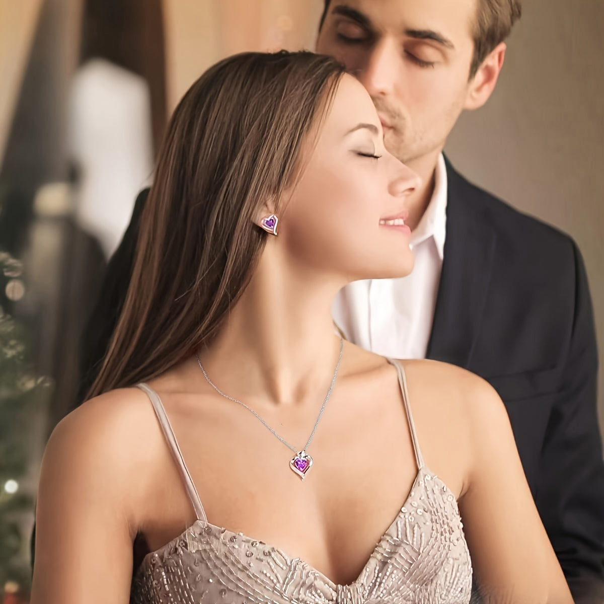 Elegant Heart-Shaped Jewelry Set with Purple Gemstones-2