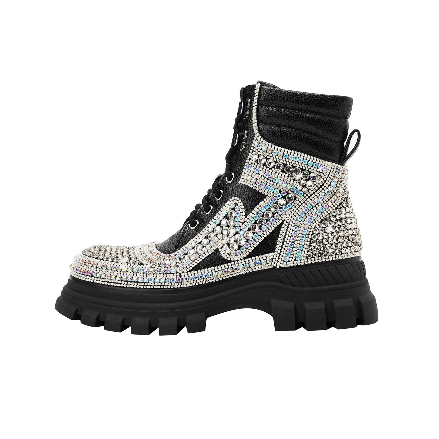Black Crystal Embellished Walking Ankle Boots-0