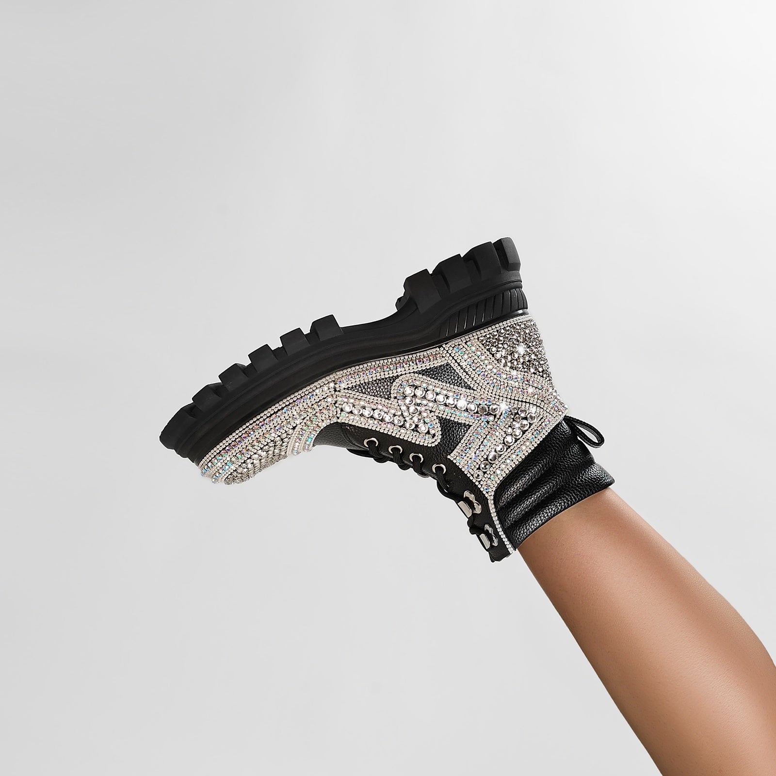 Black Crystal Embellished Walking Ankle Boots-2