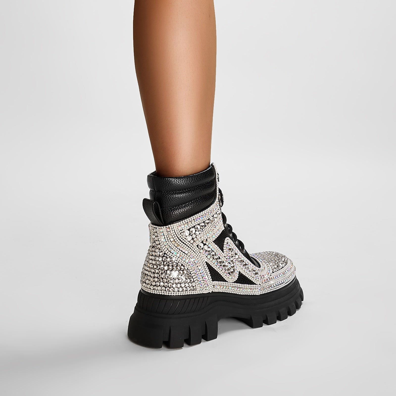 Black Crystal Embellished Walking Ankle Boots-3