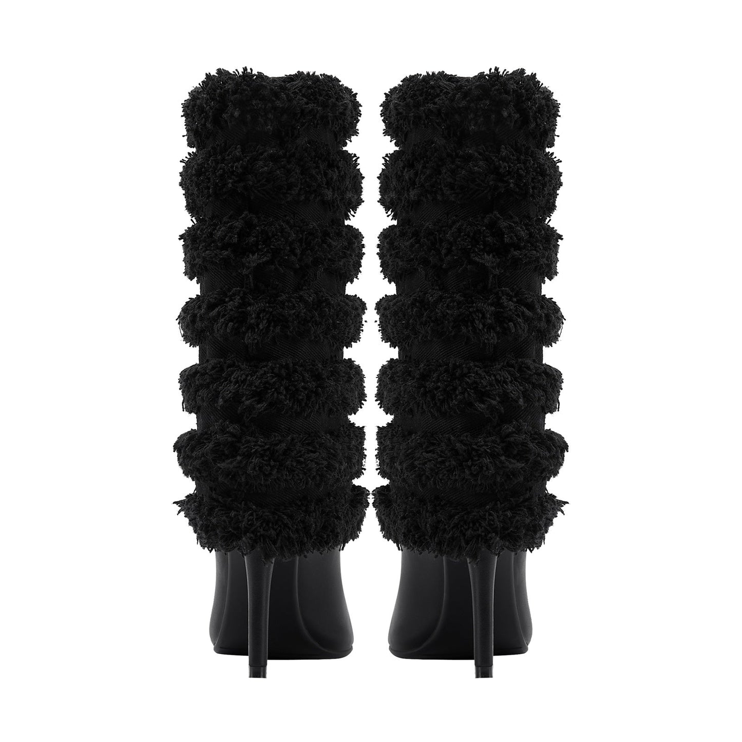 Black Leather Fur Coil Pointed Stiletto Boots-4