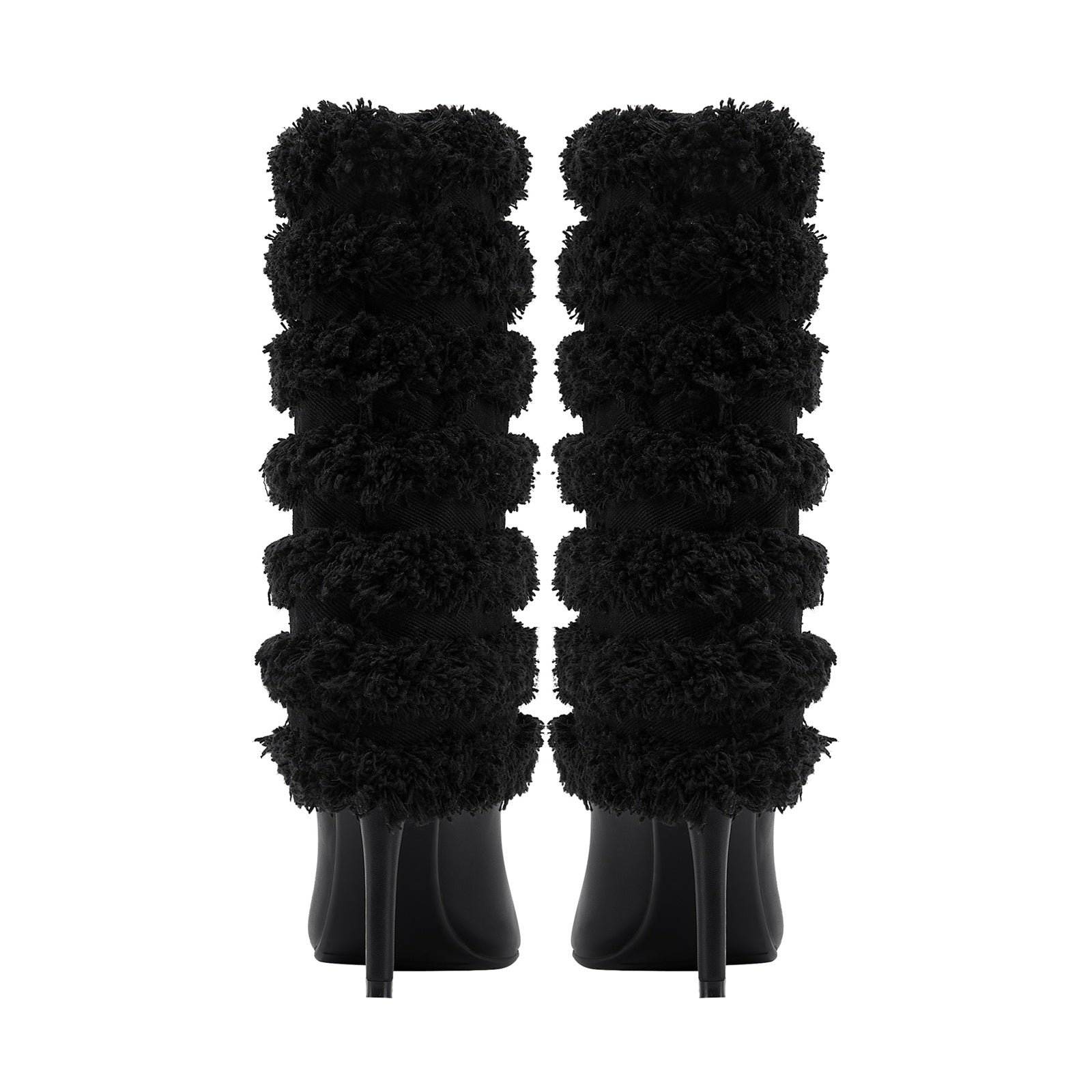 Black Leather Fur Coil Pointed Stiletto Boots-4