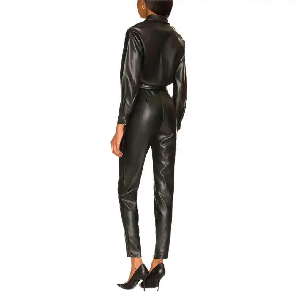Women’s Black Leather One-Piece Jumpsuit-1