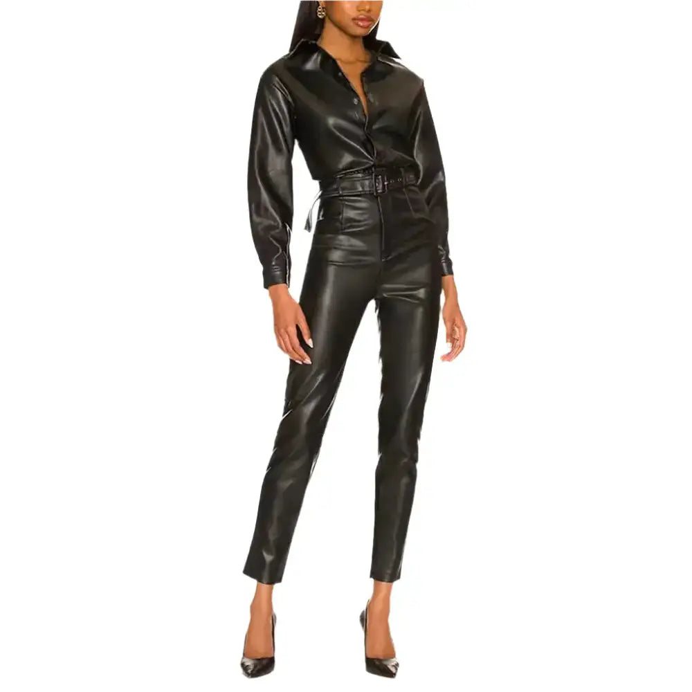 Women’s Black Leather One-Piece Jumpsuit-0