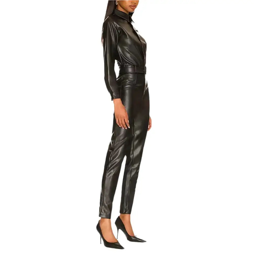 Women’s Black Leather One-Piece Jumpsuit-2