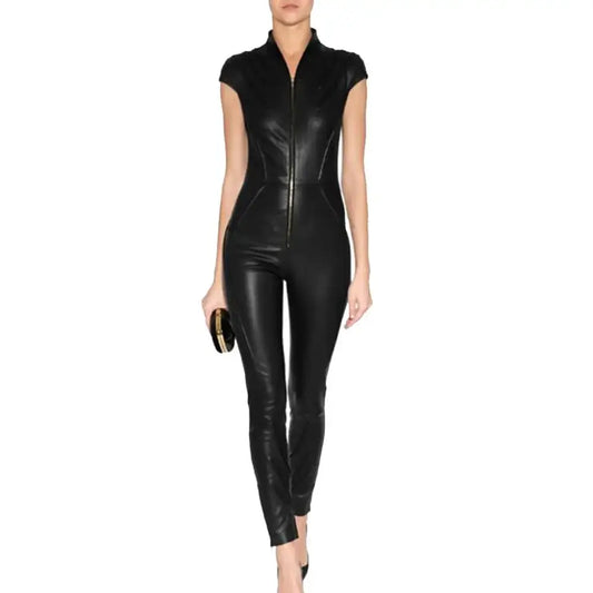 Women’s Black Short Sleeve Leather Jumpsuit-0