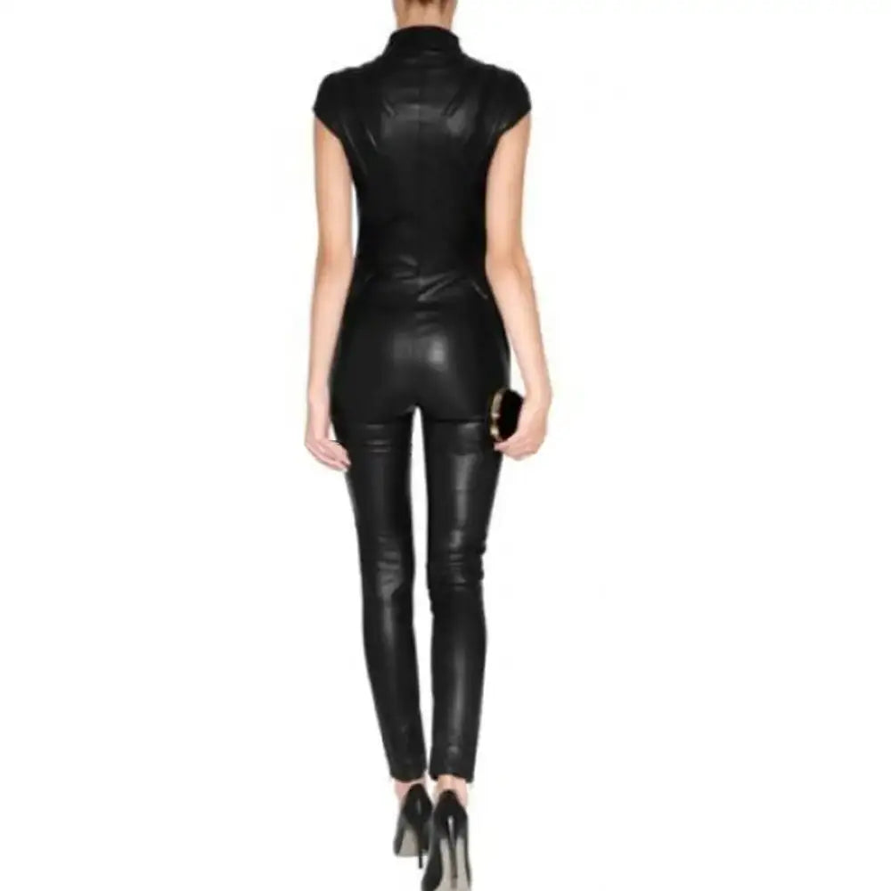 Women’s Black Short Sleeve Leather Jumpsuit-1