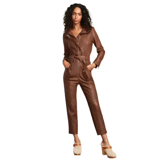 Women’s Brown Utility Belted Leather Jumpsuit-0