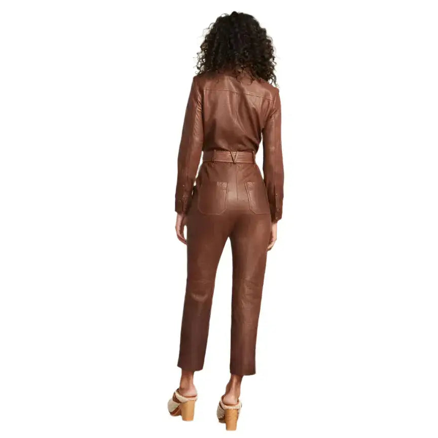 Women’s Brown Utility Belted Leather Jumpsuit-1