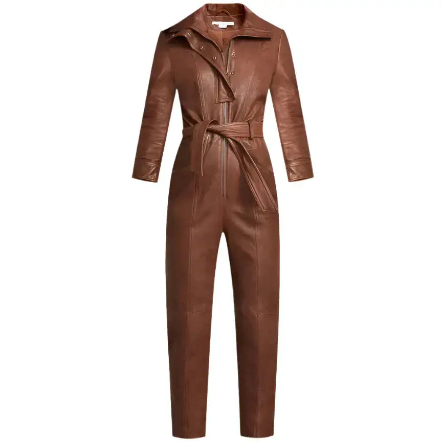 Women’s Brown Utility Belted Leather Jumpsuit-2