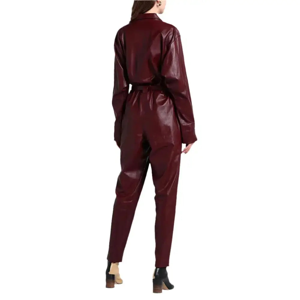 Women's Burgundy Faux Leather Jumpsuit-1