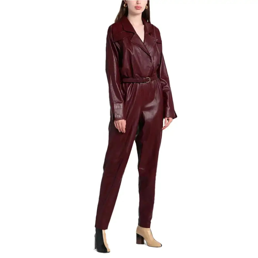 Women's Burgundy Faux Leather Jumpsuit-0