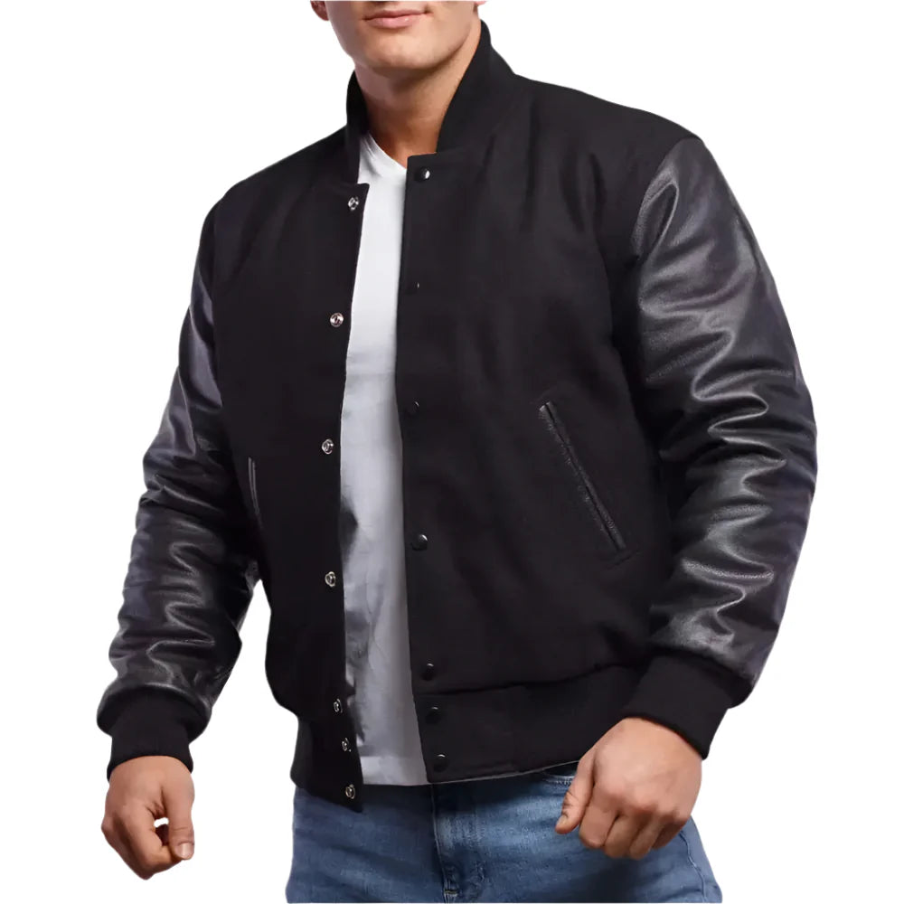 Men’s Classic Black Wool Body & Leather Sleeves Letterman Jacket-0