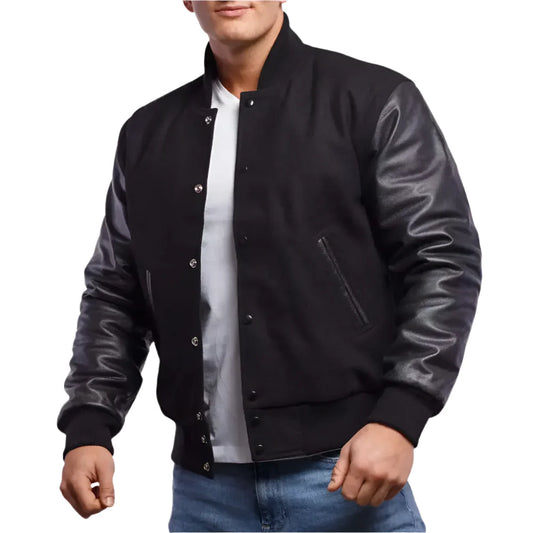 Men’s Classic Black Wool Body & Leather Sleeves Letterman Jacket-0