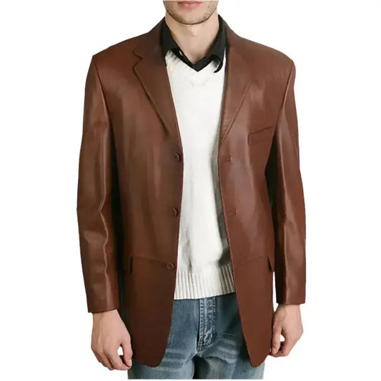 Classic Brown Leather Blazer for Men-0