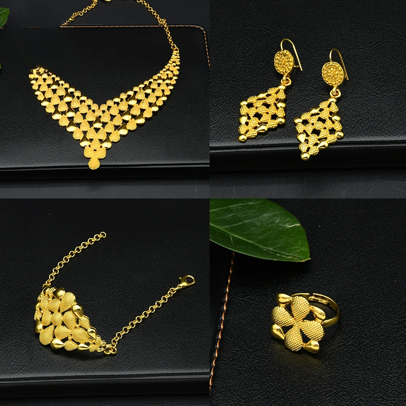 NNEOBA Women Wedding Necklace Earrings 24k Gold Jewelry Set-4