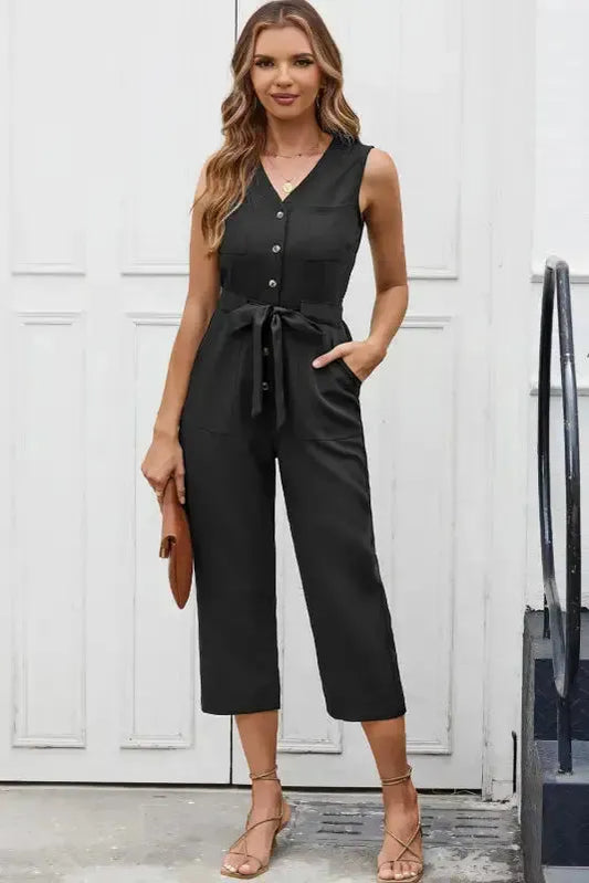 Cropped Jumpsuit with Sash - Buttoned Sleeveless-0