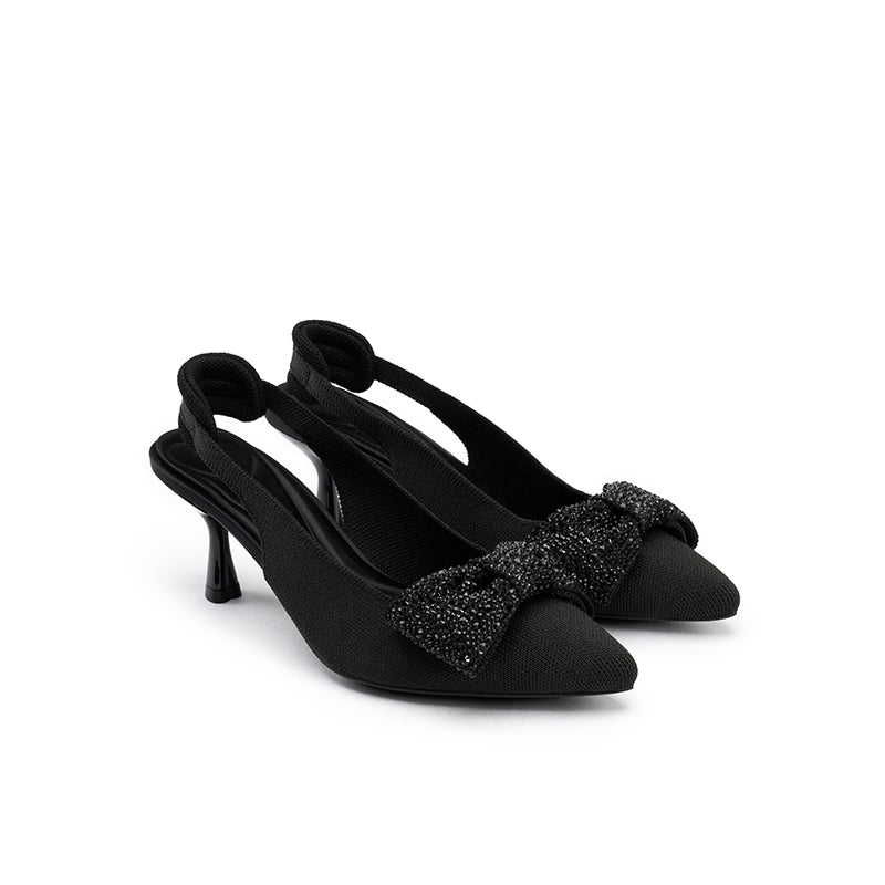 Embellished Bow Pointed Toe Slingback Kitten Heels-2