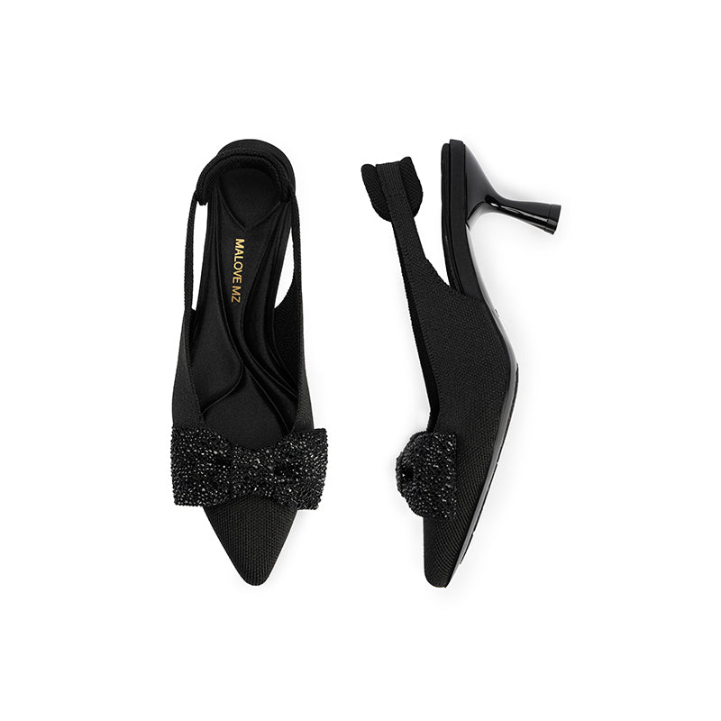 Embellished Bow Pointed Toe Slingback Kitten Heels-3