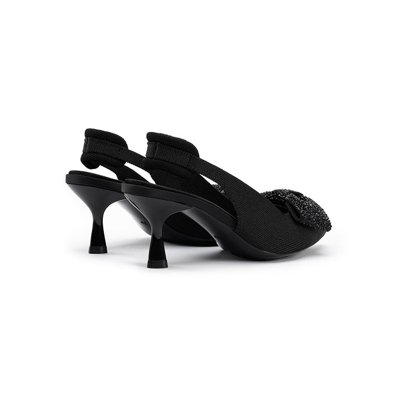 Embellished Bow Pointed Toe Slingback Kitten Heels-4