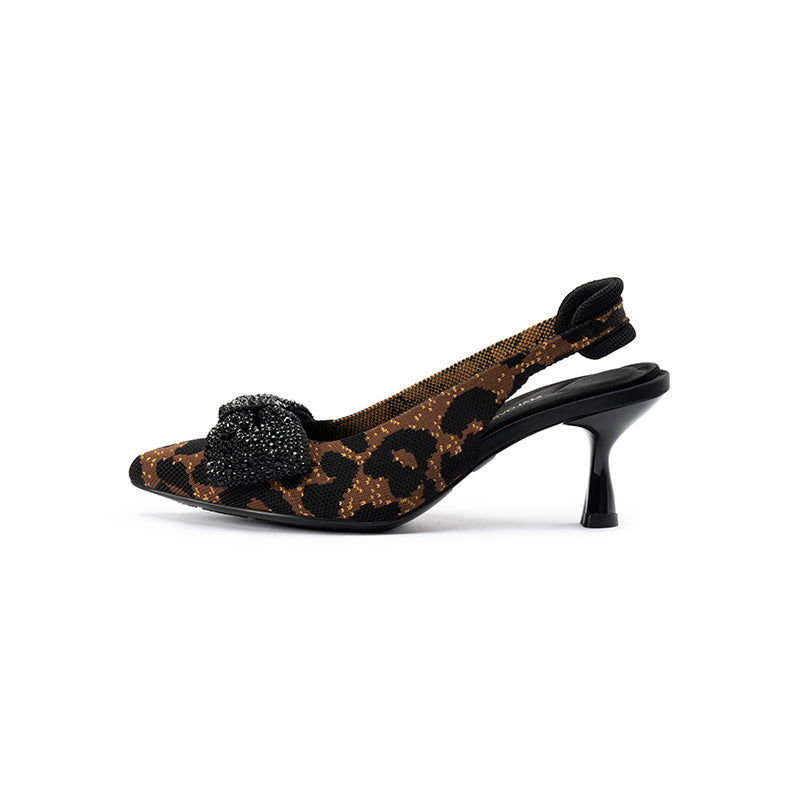 Embellished Bow Pointed Toe Slingback Kitten Heels-5