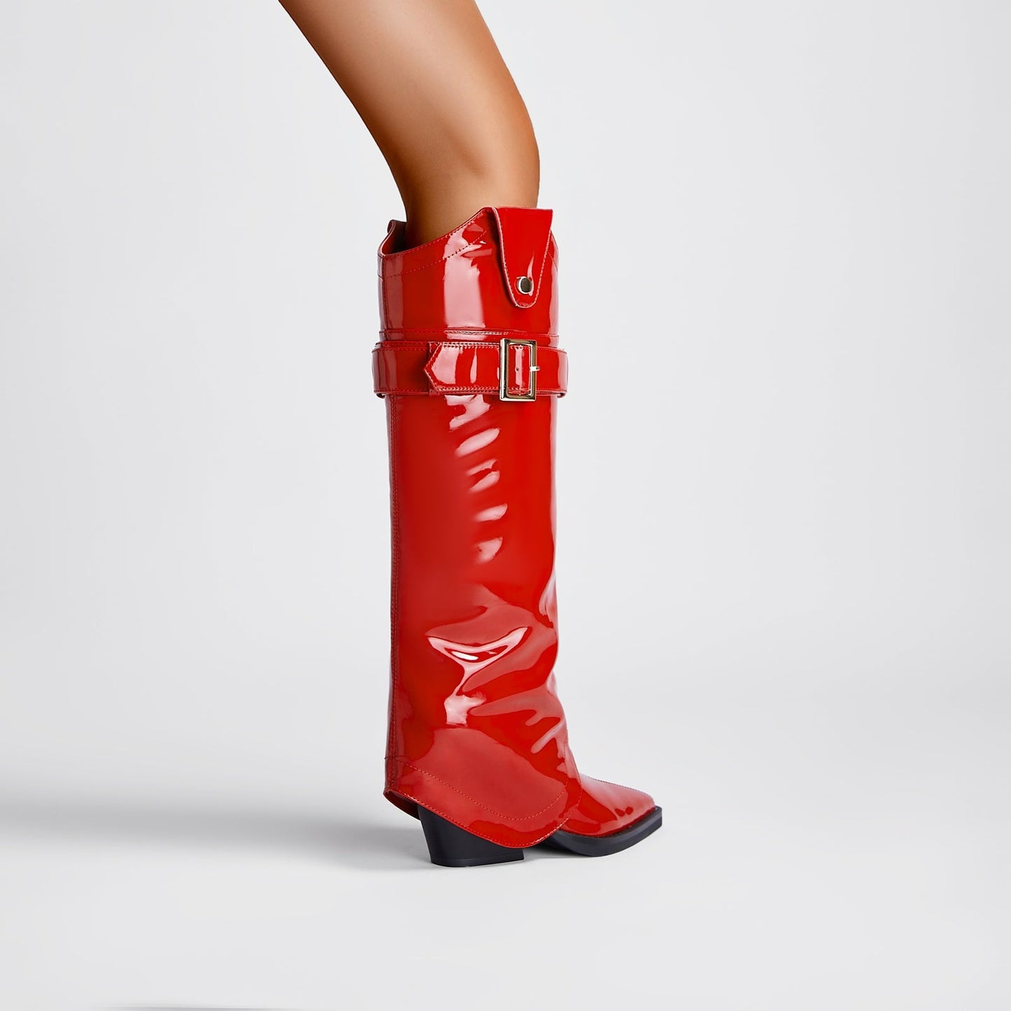 Fiery Red Pointed Toe Foldover Knee High Boots-2