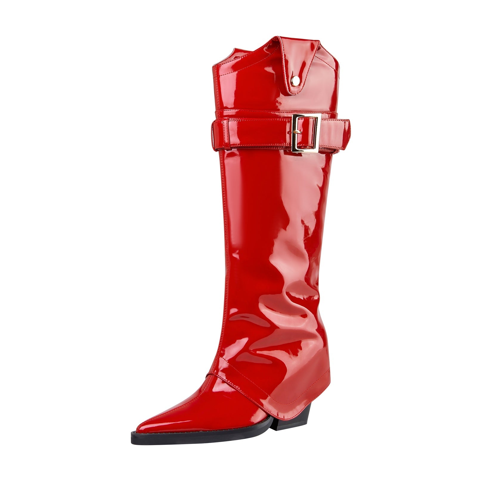 Fiery Red Pointed Toe Foldover Knee High Boots-3
