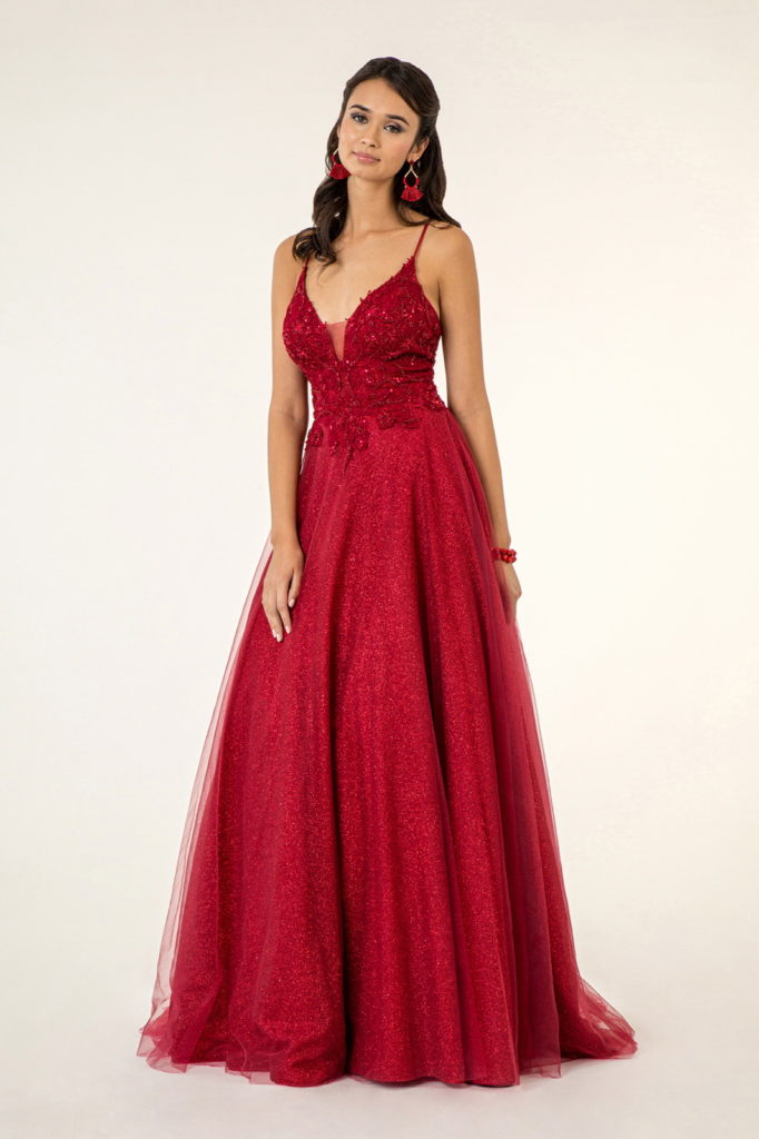 V-Neck Floral Embroidery Embellished Bodice Glitter Mesh Long Dress-0