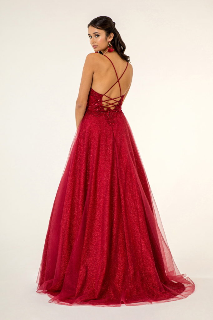 V-Neck Floral Embroidery Embellished Bodice Glitter Mesh Long Dress-1