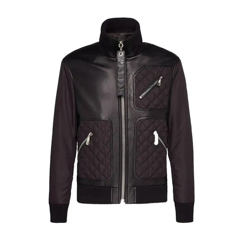 Men's High Neck Native American Style Leather Bomber Jacket-0