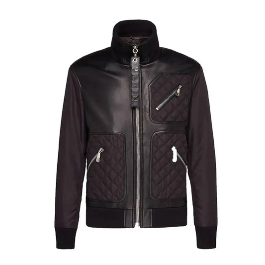 Men's High Neck Native American Style Leather Bomber Jacket-0