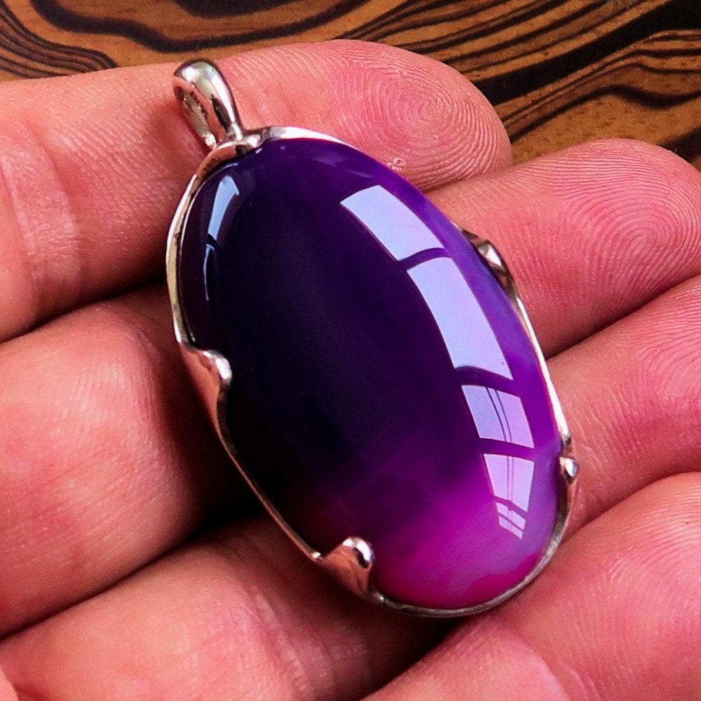 Purple Agate Pendant, Sterling Silver Pendant, purple Agate cabochon, Minimalist Necklace, Agate Amulet, gift for her, Agate Silver Pendant-1