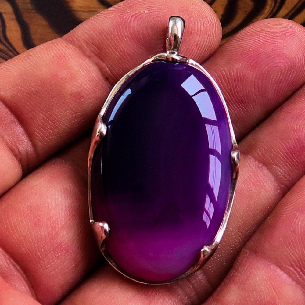Purple Agate Pendant, Sterling Silver Pendant, purple Agate cabochon, Minimalist Necklace, Agate Amulet, gift for her, Agate Silver Pendant-3