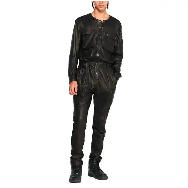 Men’s Black Cargo-Style Leather Jumpsuit-0